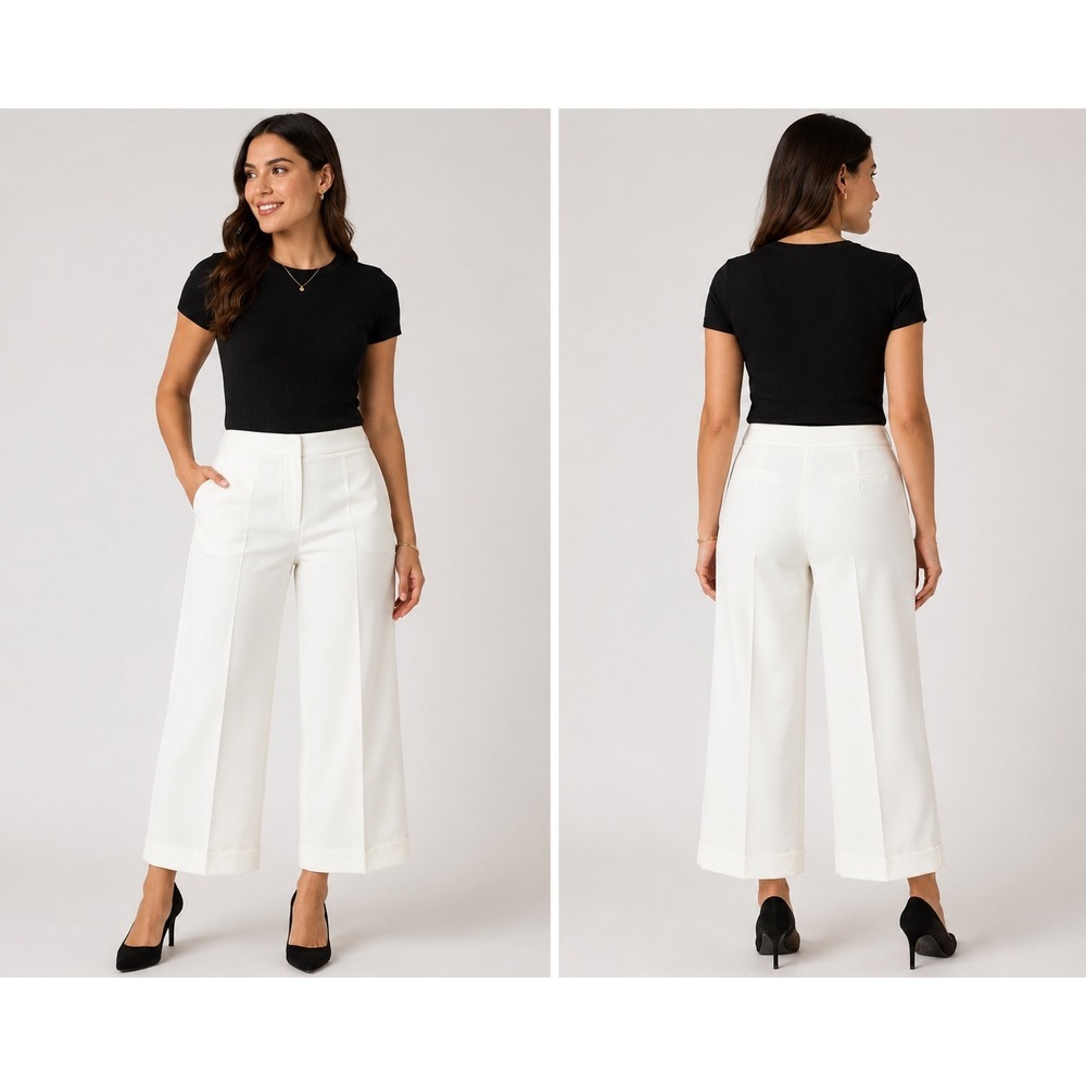 Jones Studio‎ White Wide Leg Cropped Trousers High Rise Cuffed Pants 16P